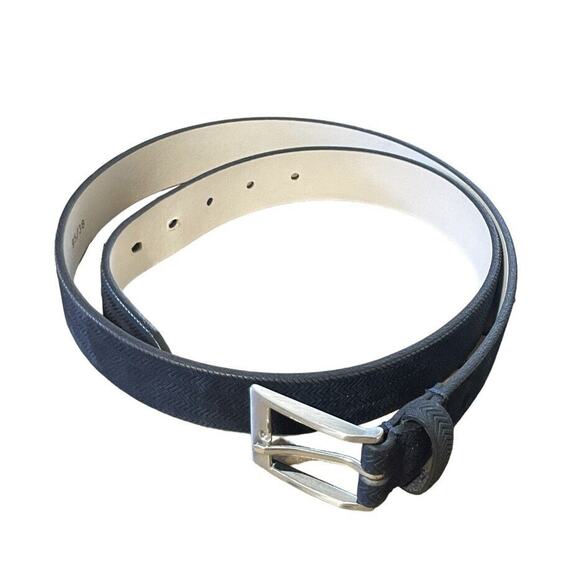 Massimo Dutti Leather Dress Belt Spain Geometric Navy Blue Size 38/95 Men MINT